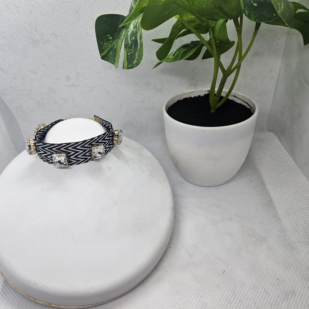 Black & White Zigzag Fabric Bracelet with Clear Crystal Accents
